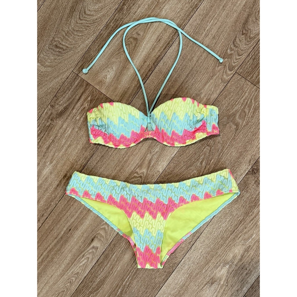 Victoria's Secret Neon Lace Chevron Bandeau Bikini Set 34B M Pink Yellow Aqua